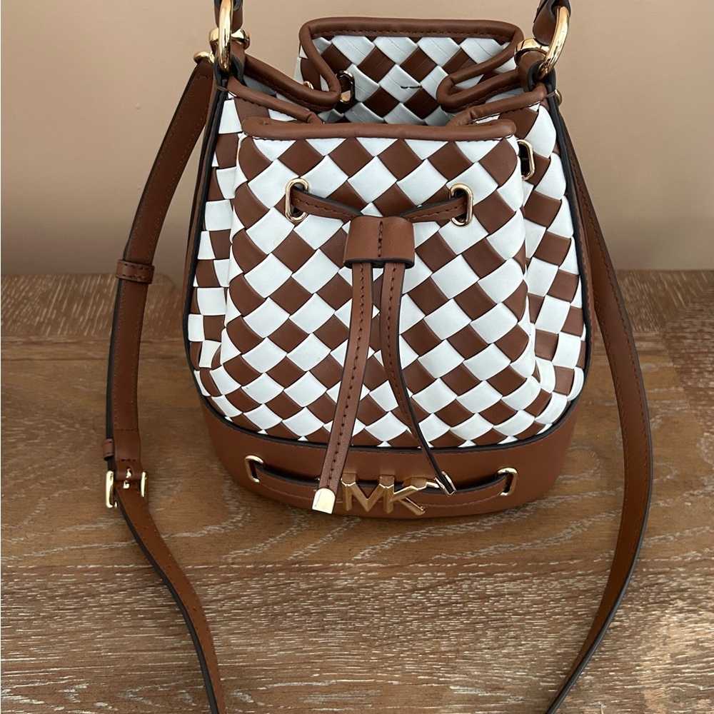 Michael Kors Brown and White Shoulder Bag with Geometric Design